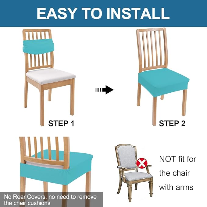 Smiry Waterproof Seat Covers for Dining Room Chairs Set of 4, Stretch Jacquard Removable Washable Chair Seat Slipcovers Protector, No Rear Covers, Aqua
