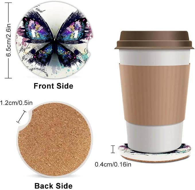 2 Pack Absorbent Car Coasters for Cup Holders,Ceramic Coasters with Cork Back and Finger Slot,Fashion Cupholder Accessories to Keep Your Car Cup Holders Clean and Dry 2.56"(Watercolor Butterfly)