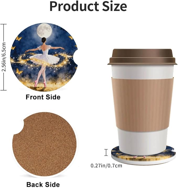 Ballet Dancer Golden Butterfly Moon Forest 2 Pack Car Cup Holder Coasters Absorbent Ceramic Drink Coasters 2.56" Anti Slip Cup Mat with Cork Base and Finger Notch Auto Accessories Interior