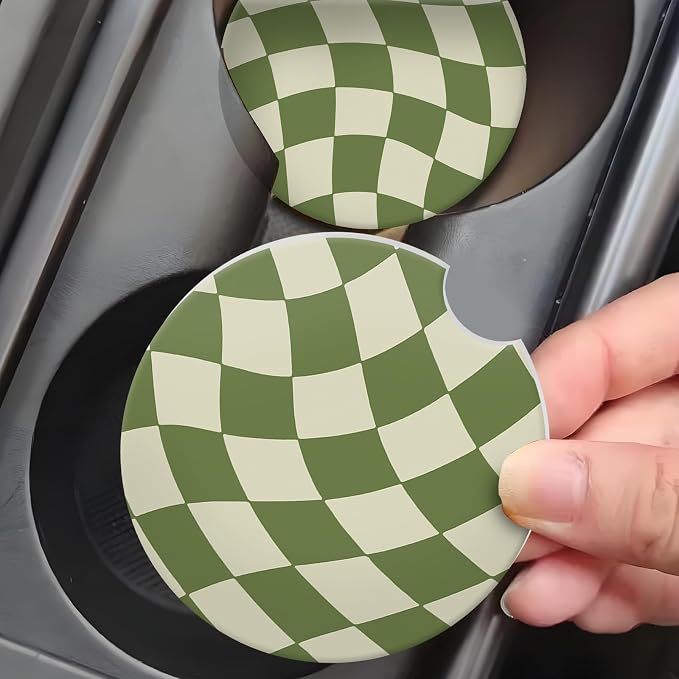 Wave Green Chekerd Car Coasters for Cup Holder Absorbent Ceramic Cup Coaster 2 Pack Anti Slip Car Interior Accessories with Finger Notch Cork Base for Women Men 2.56"