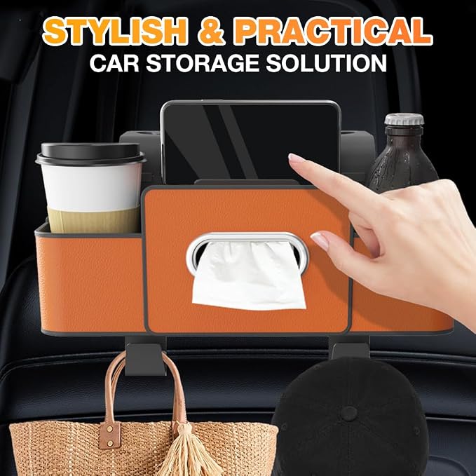 3-in-1 Car Backseat Organizer with Cup Holder, Tissue Box, Trash Bin & Hooks,Multifunctional Back Seat Car Organizer for Hold Phones,Snacks,Drinks,and Handbags (Black)