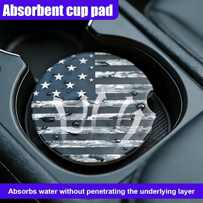 Craedli 2PCS American Flag Car Coasters for Cup Holders, 2.51" Absorbent Ceramic Anti-Slip Drink Insert Car Cup Holder Coaster with Finger Notch, Universal Auto Interior Accessory for Women Men(Black)