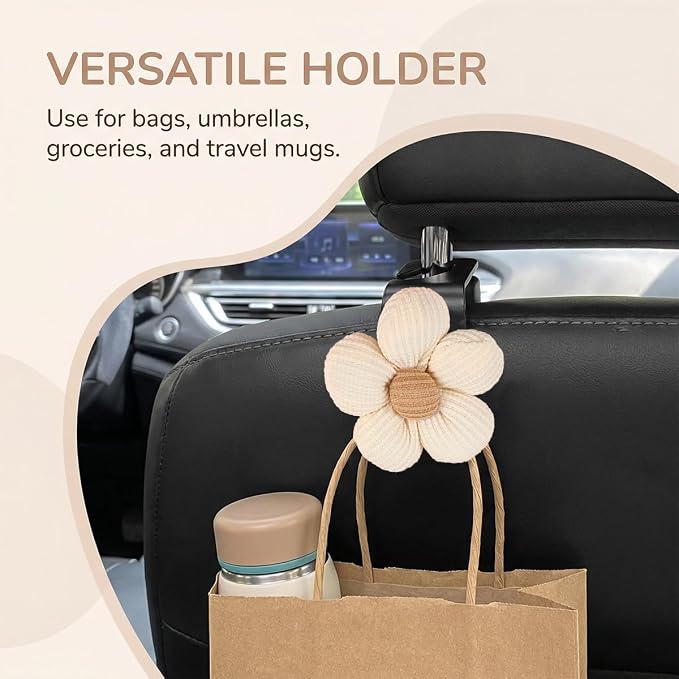 2PCS Car Seat Headrest Hook, Cute Flower Vehicle Backseat Purse Handbag Storage Hanger, Floral Auto Seat Back Holder Hook for Coat Umbrella Grocery, Universal for Vehicles (Beige/Pink)