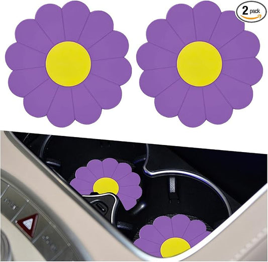 2PCS Car Cup Coaster, Flower Shaped Silicone Non-Slip Vehicle Drink Holder Insert Mat, Universal 2.75 Inch Waterproof Automotive Interior Decoration Beverage Pad Accessories (Purple)