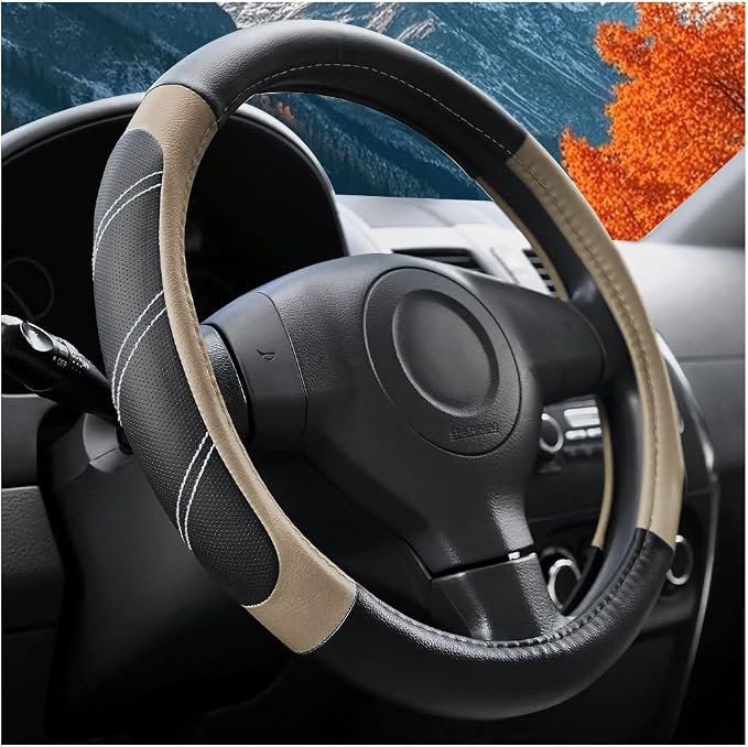 Osilly Car Steering Wheel Cover, 14.5-15" Leather Breathable Anti-Slip Stylish Steering Wheel Protector, Comfortable Auto Interior Decoration Accessories, Universal for SUV Van Truck (Black Beige)