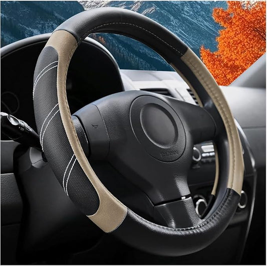 Osilly Car Steering Wheel Cover, 14.5-15" Leather Breathable Anti-Slip Stylish Steering Wheel Protector, Comfortable Auto Interior Decoration Accessories, Universal for SUV Van Truck (Black Beige)
