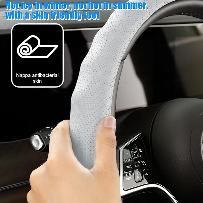 Car Steering Wheel Cover, 15 inch Nappa Leather Anti-Slip & Ultra-Thin 5D Vehicle Steering Wheel Protector, Breathable Automotive Interior Accessories, Universal Fit (White)