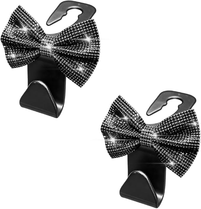 2PCS Bling Bow Headrest Hooks, Car Seat Bag Hangers, Black | Pvc and rhinestone construction, butterfly bow decoration, rear seat storage, bag and coat hanging, car interior accessories