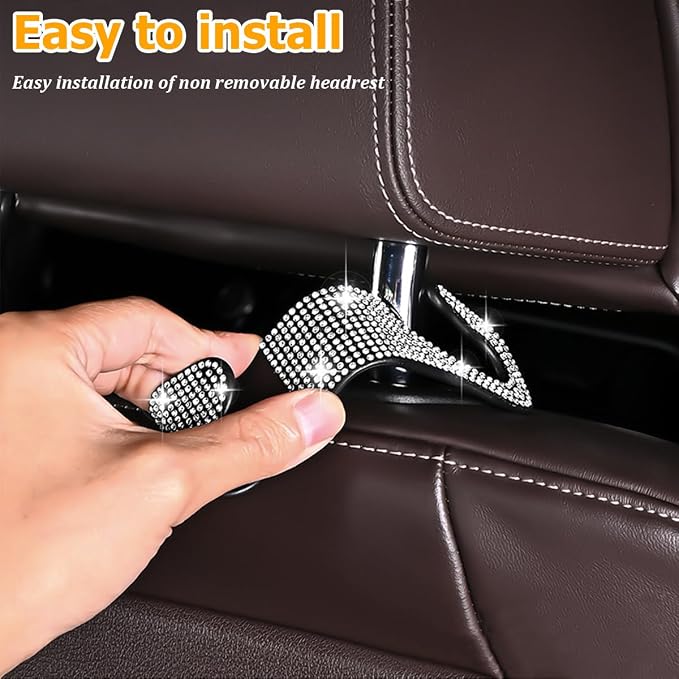 HZEL Bling Car Seat Headrest Hooks, 4PCS Crystal Rhinestone Vehicle Seat Back Hanger Holder for Purses Bag Handbags, Diamond Headrest Storage Organizer, Universal Auto Accessories (Red)