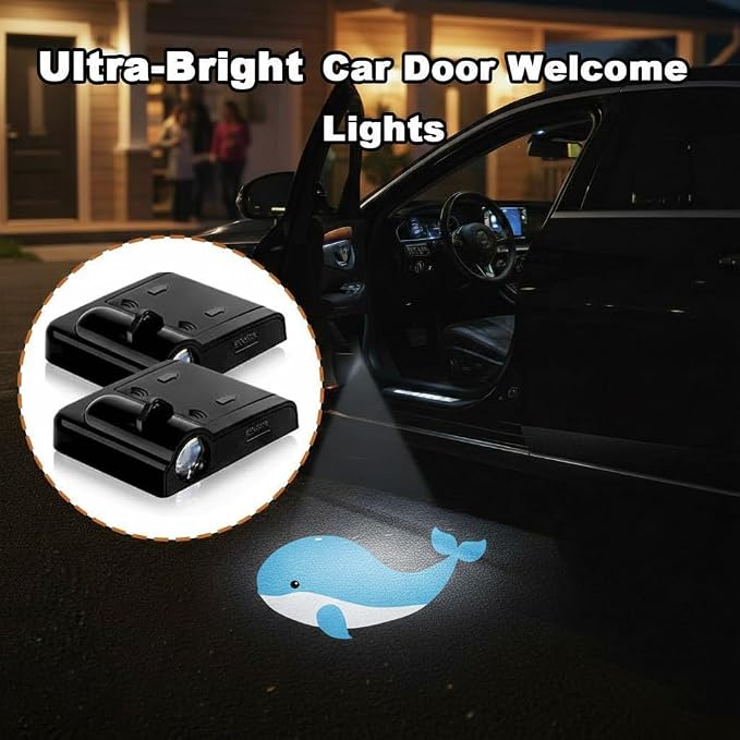 2PCS Dolphin Car Door Lights Projector,Wireless LED Welcome Puddle Lights,Magnetic Logo Projector Door Light Decor Car Accessories Dolphin Gifts for Women Men,Suitable for All Vehicles Motorcycle