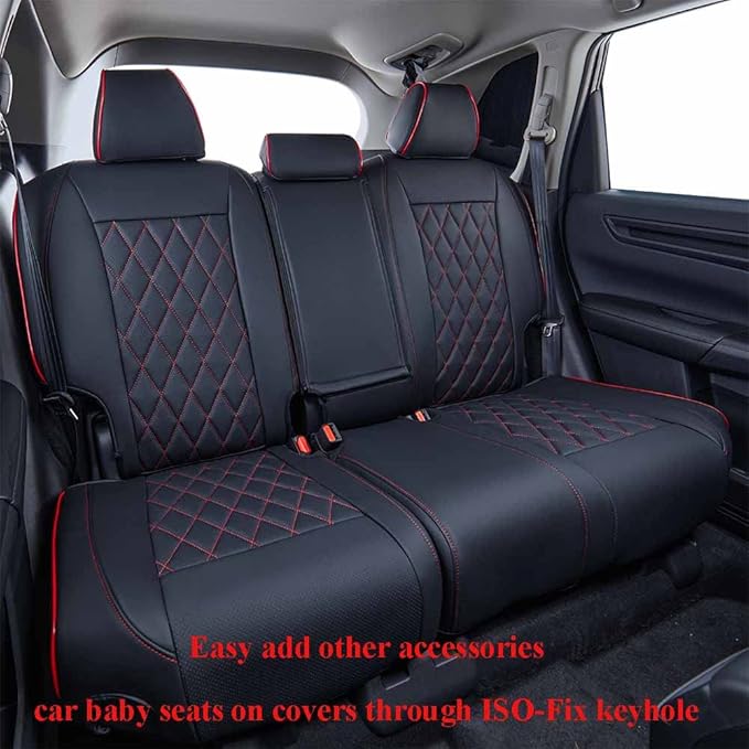 EKR Car Seat Covers for Honda CRV 2023-2026 Leatherette Full Set | Custom Fit for Honda CRV 2023 2024 2025 2026 Easy-Wipe Protection,Faux Leather(Black with Red Piping)