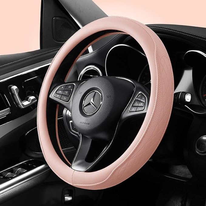 Pink Steering Wheel Cover for Women, Cute Perforated Synthetic Leather Car Accessory with Odorless Rubber Inner, Non-Slip Universal Fit (Pink)