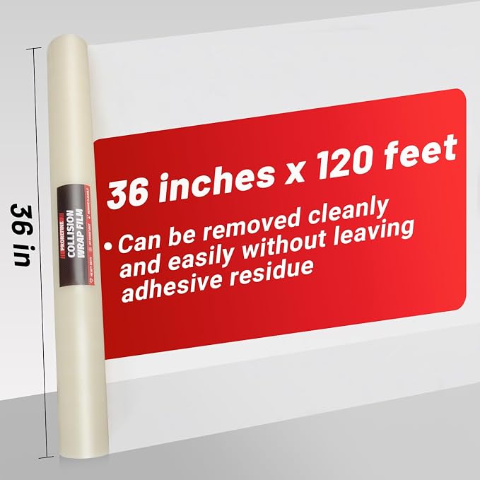 Crash Wrap Film 36-inch x 120-foot Roll 1-Pack Clear Plastic Protector Self-Adhesive Plastic for Auto Collision, Weather, Dust Protection, Broken Windows Windshields