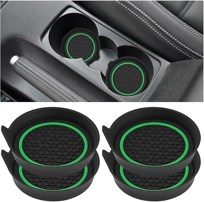 HZEL Car Cup Holder Coasters, 4PCS Non Slip Waterproof Vehicle Water Bottle Pads, Recessed Automotive Interior Drink Mat Decoration Accessories, Universal for SUV Sedan Truck (Green/Black)
