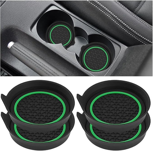 HZEL Car Cup Holder Coasters, 4PCS Non Slip Waterproof Vehicle Water Bottle Pads, Recessed Automotive Interior Drink Mat Decoration Accessories, Universal for SUV Sedan Truck (Green/Black)