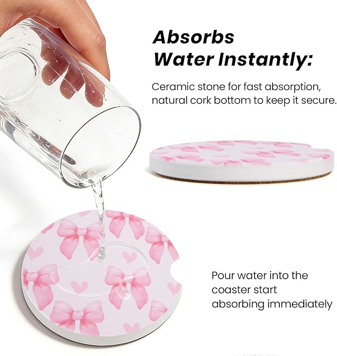 2 Pack Bow Car Coasters for Women Car Cup Holder Coasters, 2.63 Inch Anti Slip Ceramic Absorbent Coaster with Cork Base and Finger Notch, Cute Car Accessories Interior