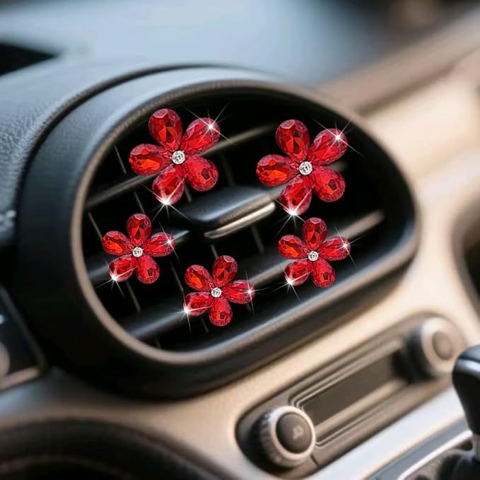 Zpana Bling Daisy Flower Car Air Vent Clips, 5PCS Sparkling Crystal Rhinestone Cute Vehicle Air Conditioning Clamp, Diamond Auto Air Outlet Clip Decor for Women Girls, Universal Fit (Red)