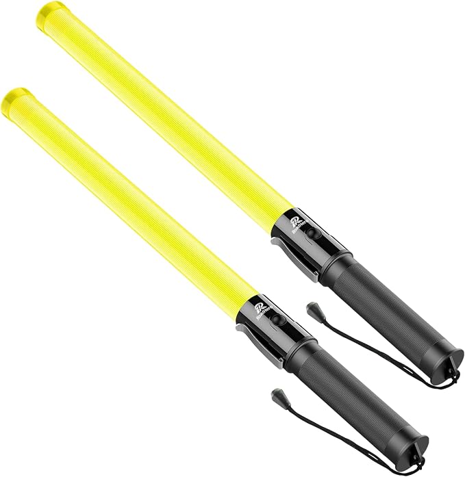 RoadHero 2 Pack 21 Inch Traffic Wand, Yellow Led Traffic Control Baton, Night Safety Light Wands with 2 Flashing Modes, Air Marshaling Signal Wand with Side Clip for Airport, Parking, Car Directing