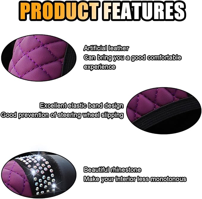 JOYCOURT 15 Inch Bling Soft Leather Car Steering Wheel Cover, Purple | Colorful Rhinestones Design, Auto Elastic Protector for Women Girls, Crystal Diamond Car Accessories for Most Cars, SUVs
