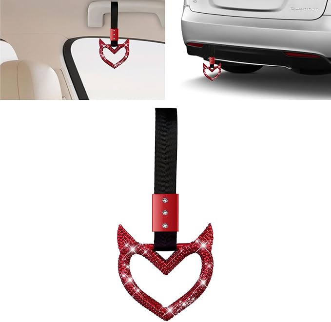 NBTEPEM Bling Heart Handle Keychains Bling Car Accessories for Women Hand Strap Drift Charm Rear Bumper Warning Ring Tsurikawa Heart Decor for Car Interior Exterior Decoration (Red, Devil Style)