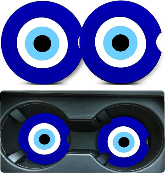 2 Pack Blue Evil Eye Car Cup Holder Coasters Universal Neoprene Coasters | 2.75" Universal Size Anti Slip Rubber Mat, Auto Cup Holder Decor Accessories for SUV Truck, Evil Eye Gifts for Men Women Mom