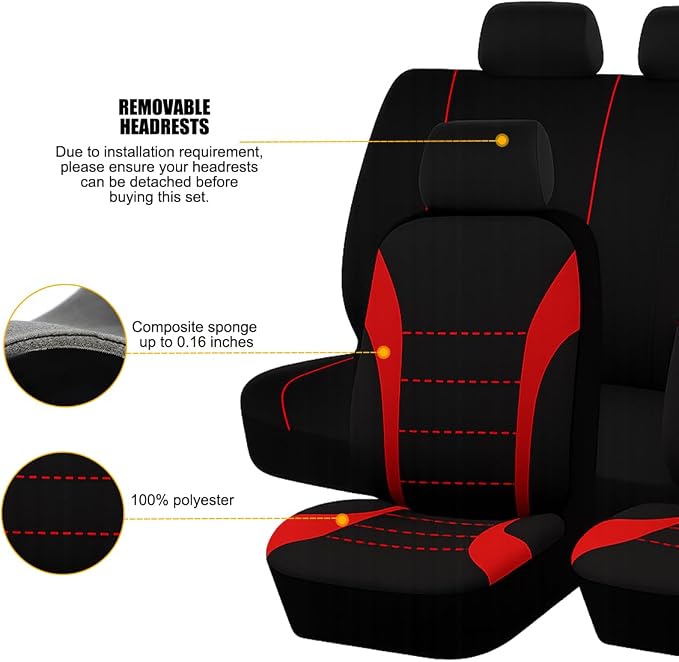 Car Seat Cover Full Set, Fashion Soft Sponge Vehicle Front and Rear Split Bench with Removable Headrest Cover, Breathable Auto Seat Protector, Universal for Truck SUV Sedan (Red/Black)