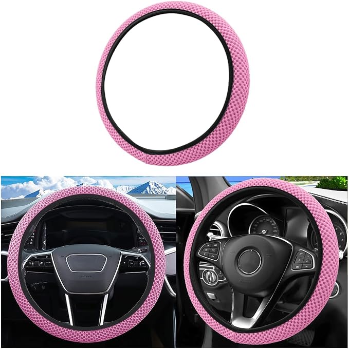 Car Elastic Stretch Steering Wheel Cover, 14.5-15" Breathable Ice Silk Anti-Slip Vehicle Steering Wheel Protector, Comfy Auto Interior Protection Accessories, Universal Fit (Pink)