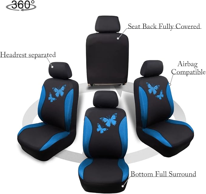 Flying Banner Butterfly car seat Covers ful Set Fashion Universal Lady Woman Female Rear Bench Split Colorized (Full Set, Blue)