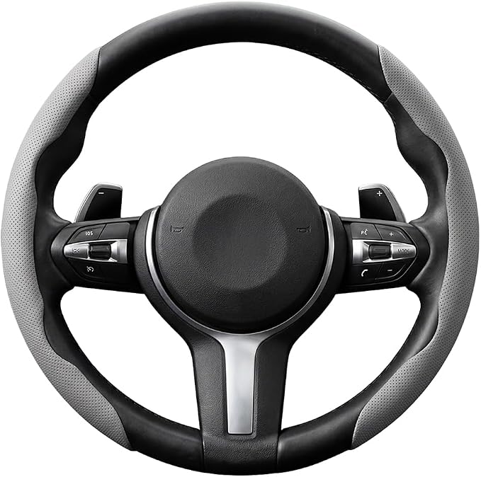 2PCS Car Steering Wheel Cover, 14.5-15" Breathable Nappa Leather Segmented Steering Wheel Protector with Non-Slip Grip, Stylish Auto Interior Decor Accessories, Universal for Vehicles (Gray)