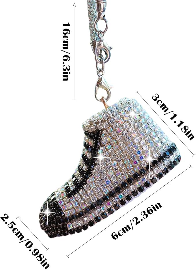 Bling Sneaker Shoe Sparkly Car Hanging Ornament, Cute Crystal Rear View Mirror Pendant, Diamond Rearview Mirror Charms, Lucky Car Interior Decor Accessories (White)