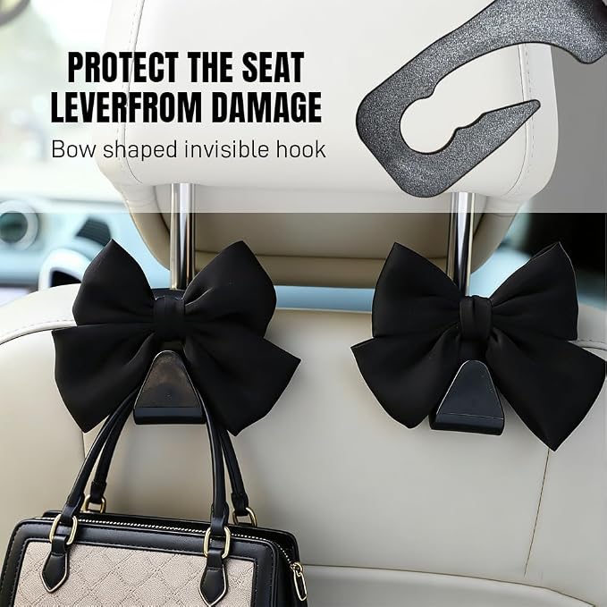2PCS Car Seat Headrest Hooks, Car Purse Hook, Cute Bow Knot Vehicle Seatback Hanging Storage Organizer, Auto Seatback Decor Organizer Hanger for SUV Truck (Black)