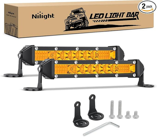 Nilight Slim LED Light Bar 2Pcs 7 Inch 16LED Single Row Spot Flood Combo Amber Off Road Work Driving Fog Turn Signal Lighting for 12V 24V ATV UTV Pickup Truck Tractor Boat