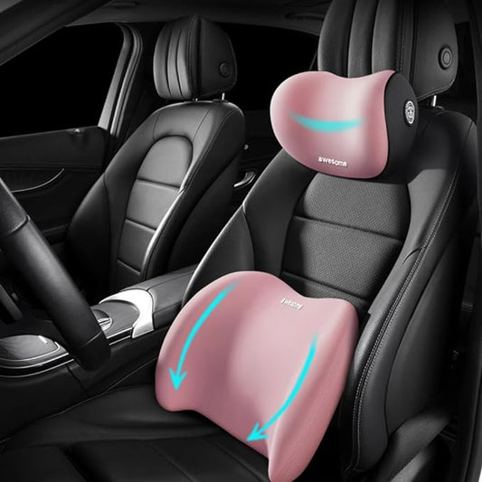 Car Lumbar Support Pillow and Car Neck Pillow Kit, Ergonomic Car Seat Headrest & Lumbar Cushion with Adjustable Strap for Neck Back Pain Relief, for Office Chair/Truck/Wheelchair (Pink)