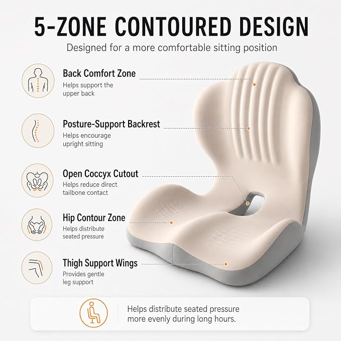 Saker Ergonomic Memory Foam Seat Cushion with Back Support, 2-in-1 Coccyx Cutout Chair Pad for Office, Car, Gaming Chair and Wheelchair, Contoured Lumbar Support for Long Sitting (Beige)