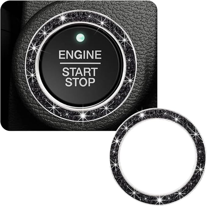 Car Bling Crystal Rhinestone Engine Start Ring Decals, Sparkling Diamond Car Push Start Button Ignition Ring Sticker, Auto Key Ignition Knob Ring Decoration for Women Girls (Black)