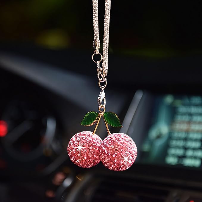 Bling Cherry Car Hanging Ornament, Cute Crystal Rear View Mirror Pendant, Sparkly Diamond Rearview Mirror Charms, Lucky Car Interior Decor Accessories (Pink)