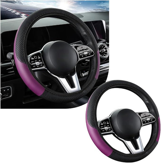 povtii Car Steering Wheel Cover, 15 Inch Leather Breathable Auto Steering Wheel Protector, Comfortable Non-Slip Vehicle Steering Wheel Covers, Universal Interior Car Accessories (Black+Purple)