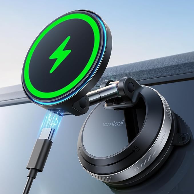 Lamicall 15W for MagSafe Car Mount Charger - [70 LBS Strongest Suction] Magnetic Wireless Car Charger, Suction Cup Phone Mount, Vacuum Magnetic Phone Holder Car Mount for iPhone 17 Pro Max 16 Silver