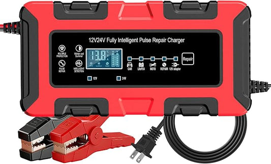 12V/24V 10Amp Smart Car Battery Charger, Automatic Maintainer & Trickle Charger, Desulfator, Temp Compensation, Overcharge Protection for Automobile Truck Motorcycle Boat LiFePO4 AGM Gel STD Batteries