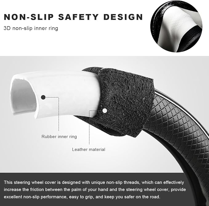 Car Steering Wheel Cover, 15 Inch Anti-Slip Breathable Leather Auto Steering Wheel Protector, Full Surround Soft Steering Wheel Cover for Men Women, Car Interior Accessories (Black)