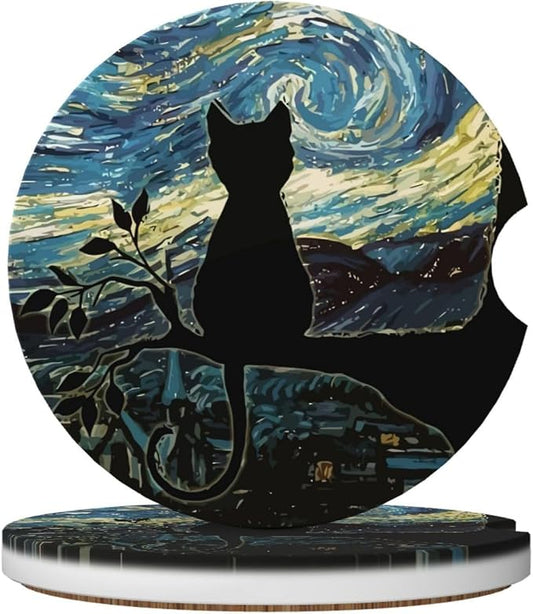 Aesthetic Black Cat Car Coasters for Cup Holders,2 Pack Car Cup Holder Coasters for Car,Ceramic Absorbent Car Coaster with A Finger Notch and Cork Base,Car Interior Accessories for Women Men