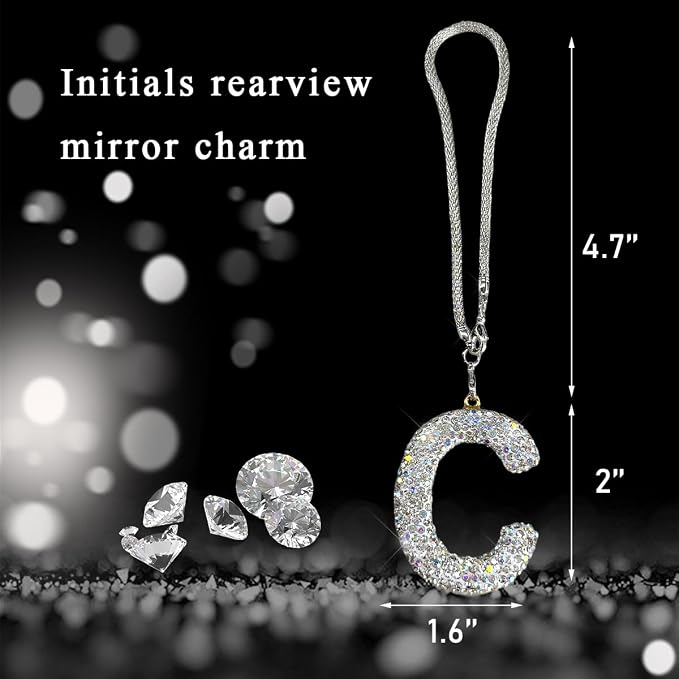 DXNQ Bling Initial Car Rear View Mirror Ornament, Crystal Sparkling Cute Letter Charm Pendant Auto Decor, Hanging Lucky Diamond Initial Charm Car Mirror Bag Ornament for Girl Women (Letter C)