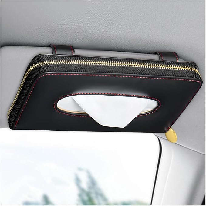 Car Tissue Holder, Sun Visor Napkin Box Premium PU Leather Tissue Case with Zipper, Rectangular Hanging Paper Organizer Mask Dispenser for Sedans SUVs Trucks, Car Accessories (Black)