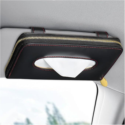 Car Tissue Holder, Sun Visor Napkin Box Premium PU Leather Tissue Case with Zipper, Rectangular Hanging Paper Organizer Mask Dispenser for Sedans SUVs Trucks, Car Accessories (Black)