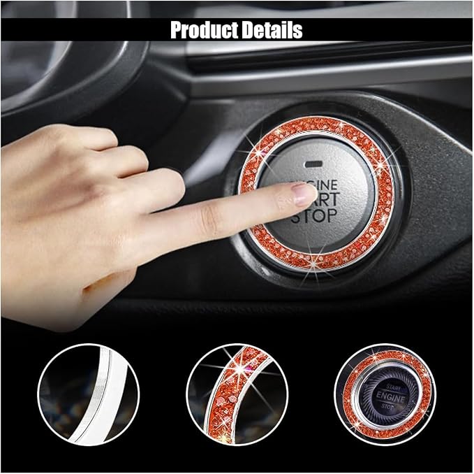 Car Bling Crystal Rhinestone Engine Start Decoration, Start Button Cover Sticker, Key Ignition & Knob Ring Decoration, Bling Car Interior Accessories for Women (Orange)