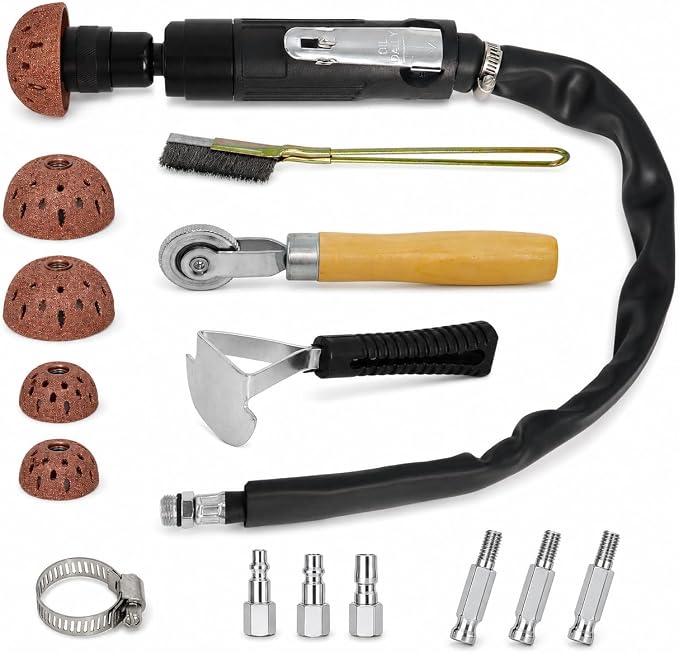 Air Tire Repair Polish Patch Kit Heavy Duty - Includes 2500RPM Air Tire Buffer, Tire Inner Liner Scraper, 4 Tungsten Steel Buffing Wheel, Patch Roller, & Wire Brush - Professional Tire Patch Tools