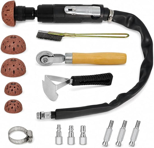 Air Tire Repair Polish Patch Kit Heavy Duty - Includes 2500RPM Air Tire Buffer, Tire Inner Liner Scraper, 4 Tungsten Steel Buffing Wheel, Patch Roller, & Wire Brush - Professional Tire Patch Tools