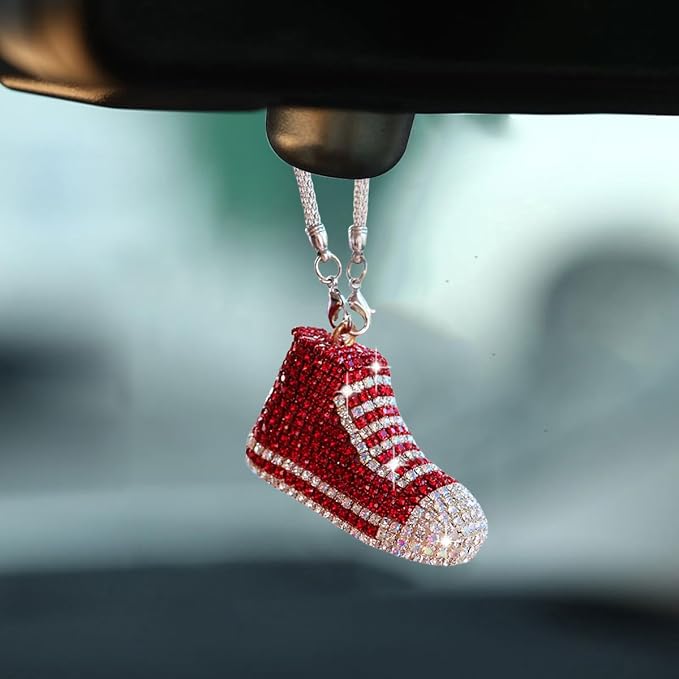 Bling Sneaker Shoe Sparkly Car Hanging Ornament, Cute Crystal Rear View Mirror Pendant, Diamond Rearview Mirror Charms, Lucky Car Interior Decor Accessories (Red)