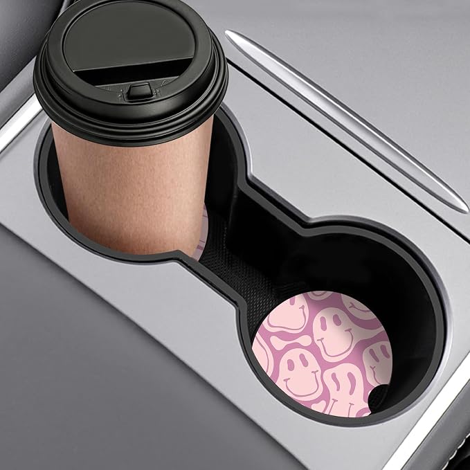 Car Coasters,Purple Smily Absorbent 2 Pack for Cup Holders with Finger Notch,2.56 inches Ceramics Heat Resistant Anti Slip Cork Base Car Drinks Coasters Auto Cup Holder(Pink Smily)