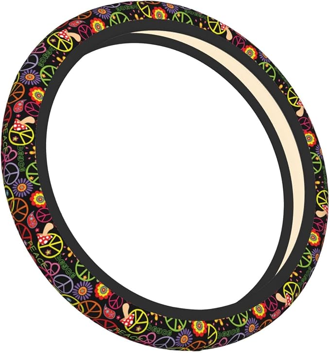 Hippie Peace Floral Mushroom Steering Wheel Cover for Women Men Girls Car Accessories Decor Anti-Slip Neoprene Auto Steering Wheel Covers Protector Universal 15 Inch